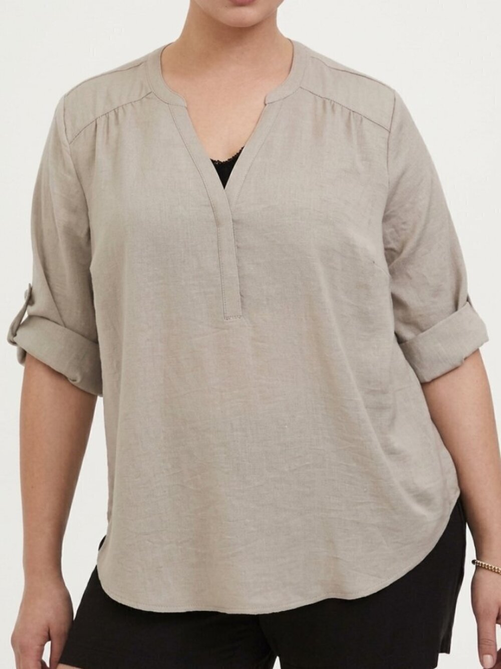 TORRID 1 Plus Size Harper Pullover Blouse Taupe Satin 3/4 Sleeve Roll Tab Work